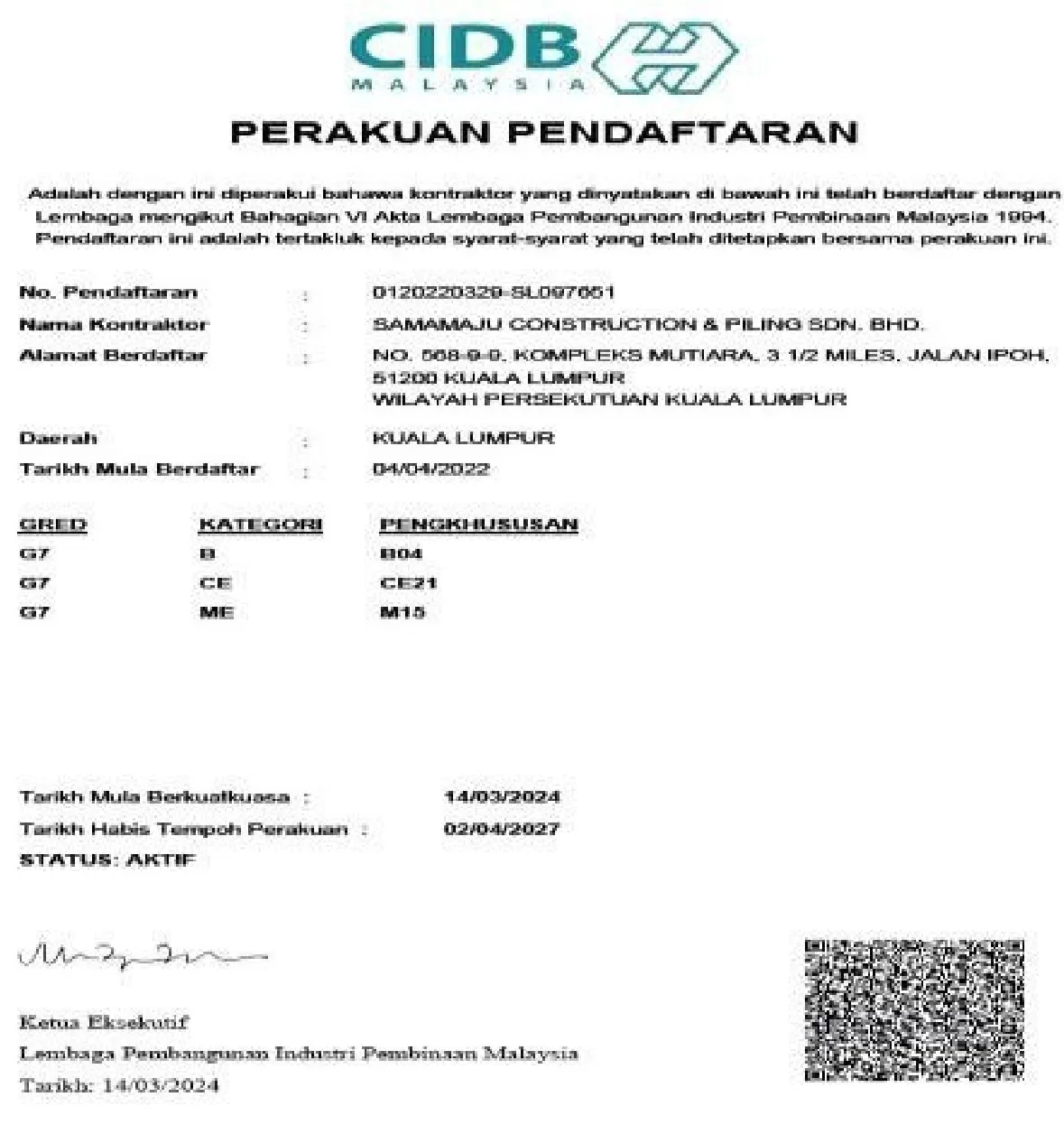 CIDB Malaysia certificate of registration for Samamaju Construction & Piling Sdn Bhd, Grade G7 in categories B, CE and ME